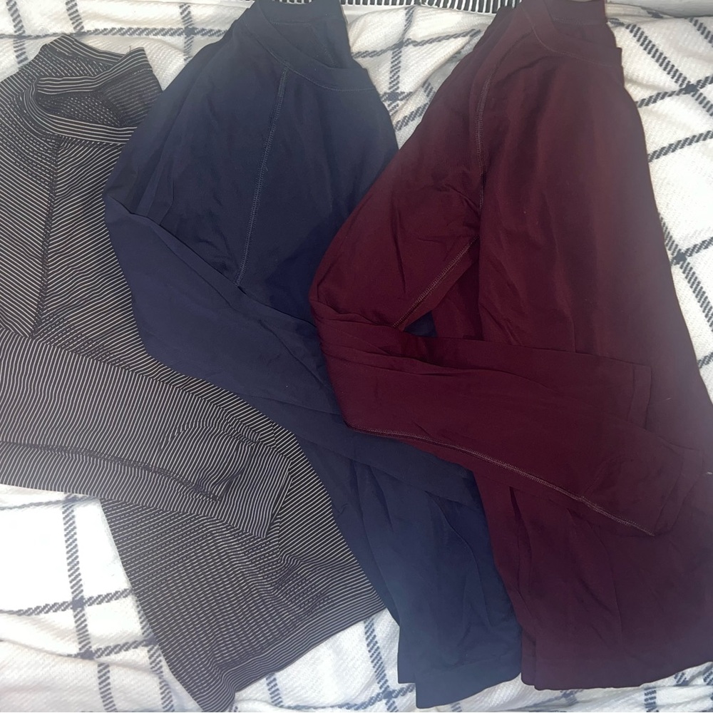 3 pair- athleta Long Sleeve Tops - Black/White stripe, Navy, Burgundy EUC
